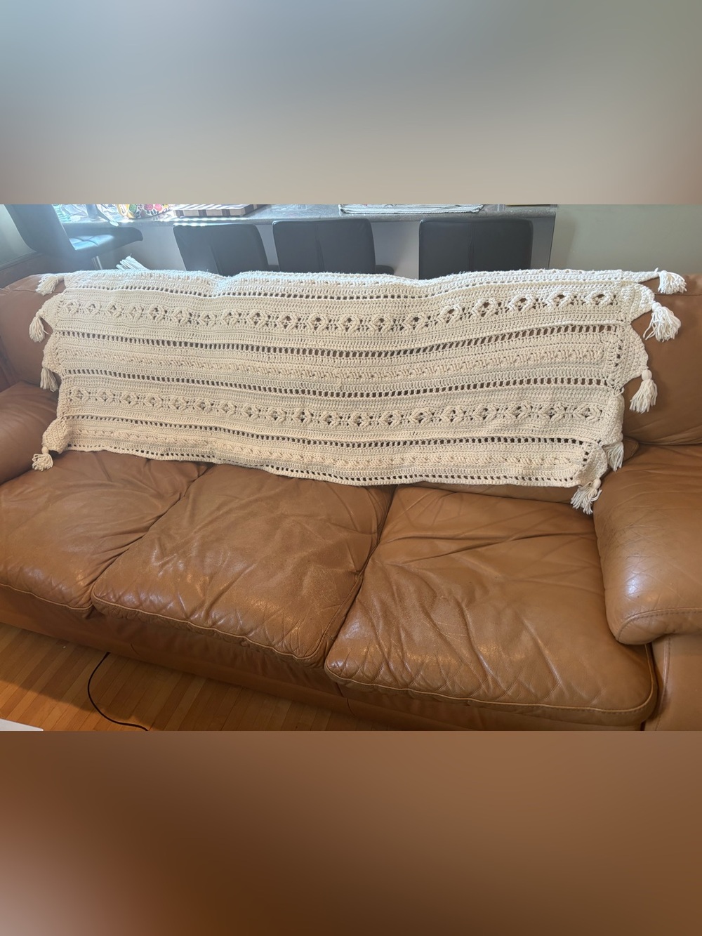 Handmade Cream Crochet Throw Blanket with Tassels